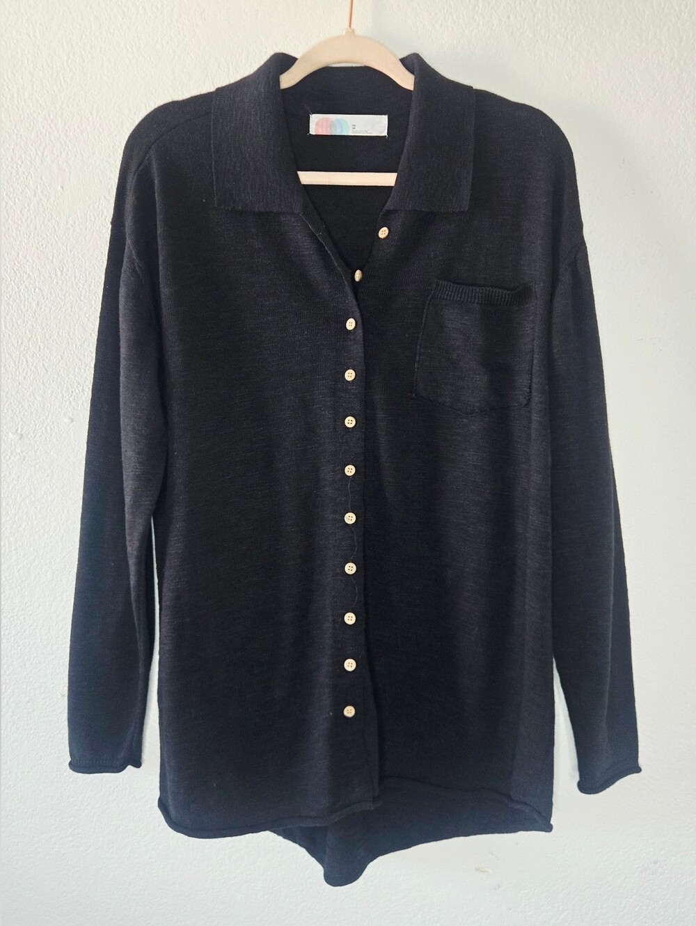 Free People Beach Oversized Linen Blend Button Down Longsleeve Shirt Black XS